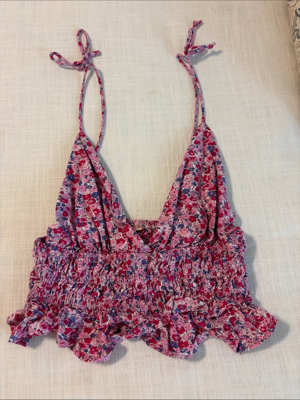 Floral Pink Smocked Ruffle Crop Top